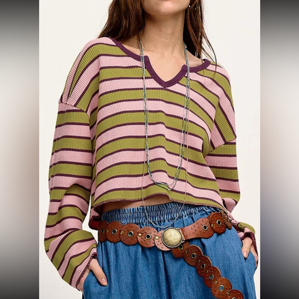1052. ❄️Striped waffle knit long sleeve cropped drop shoulder top green pink
